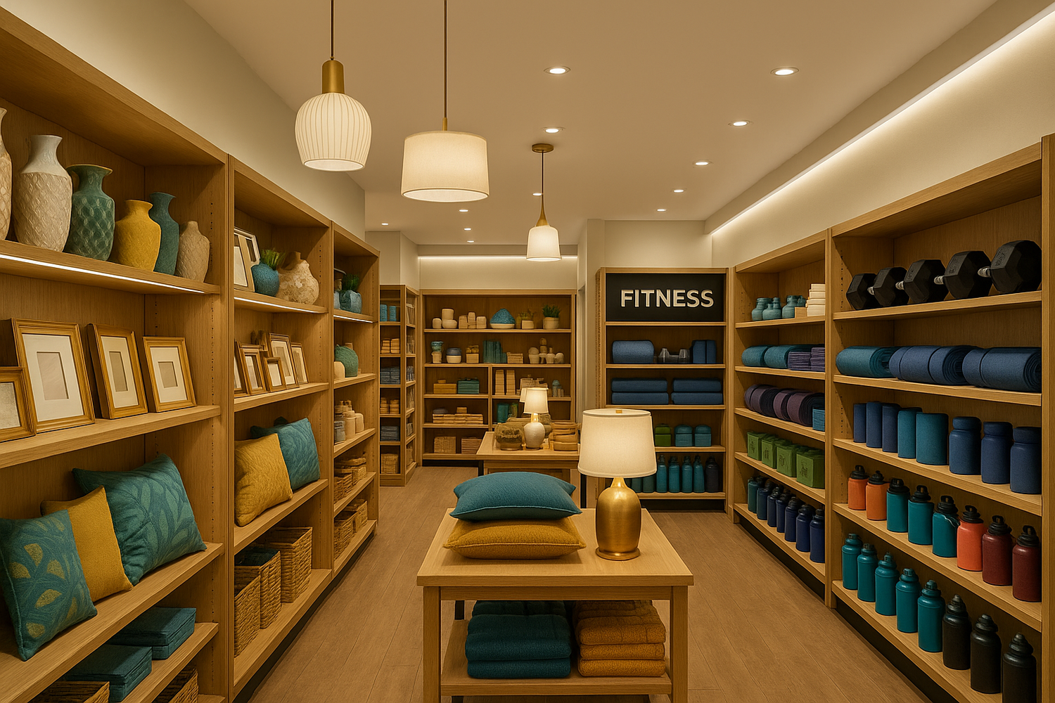 create a image for a general store in which image should have all the things like home decor, lighting,fitness